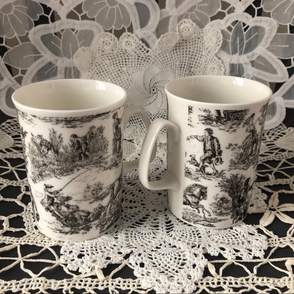 Set of Two “Rose of England” Black Toile Bone China Mugs